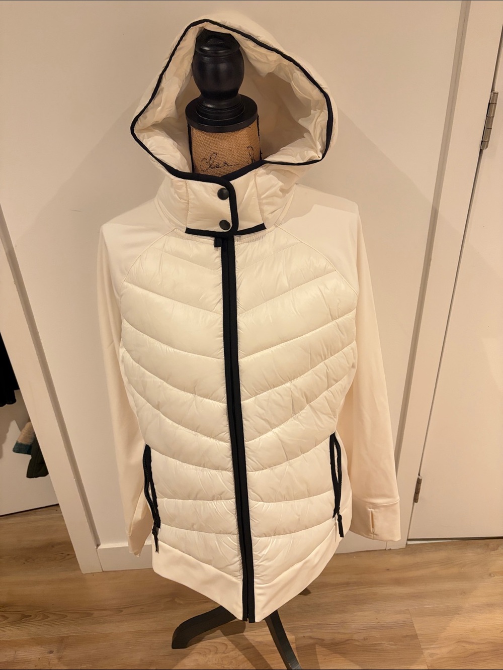 Lou & Grey Ivory Quilted Hooded Puffer with Black Trim
